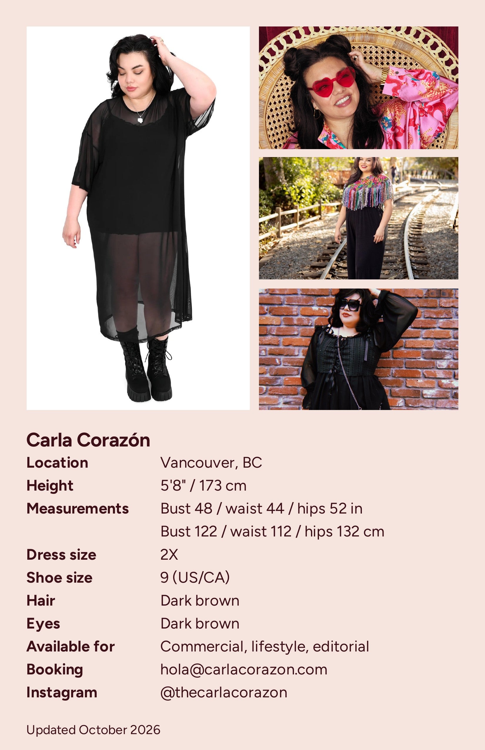 Back of the comp card: four photos and her details.
