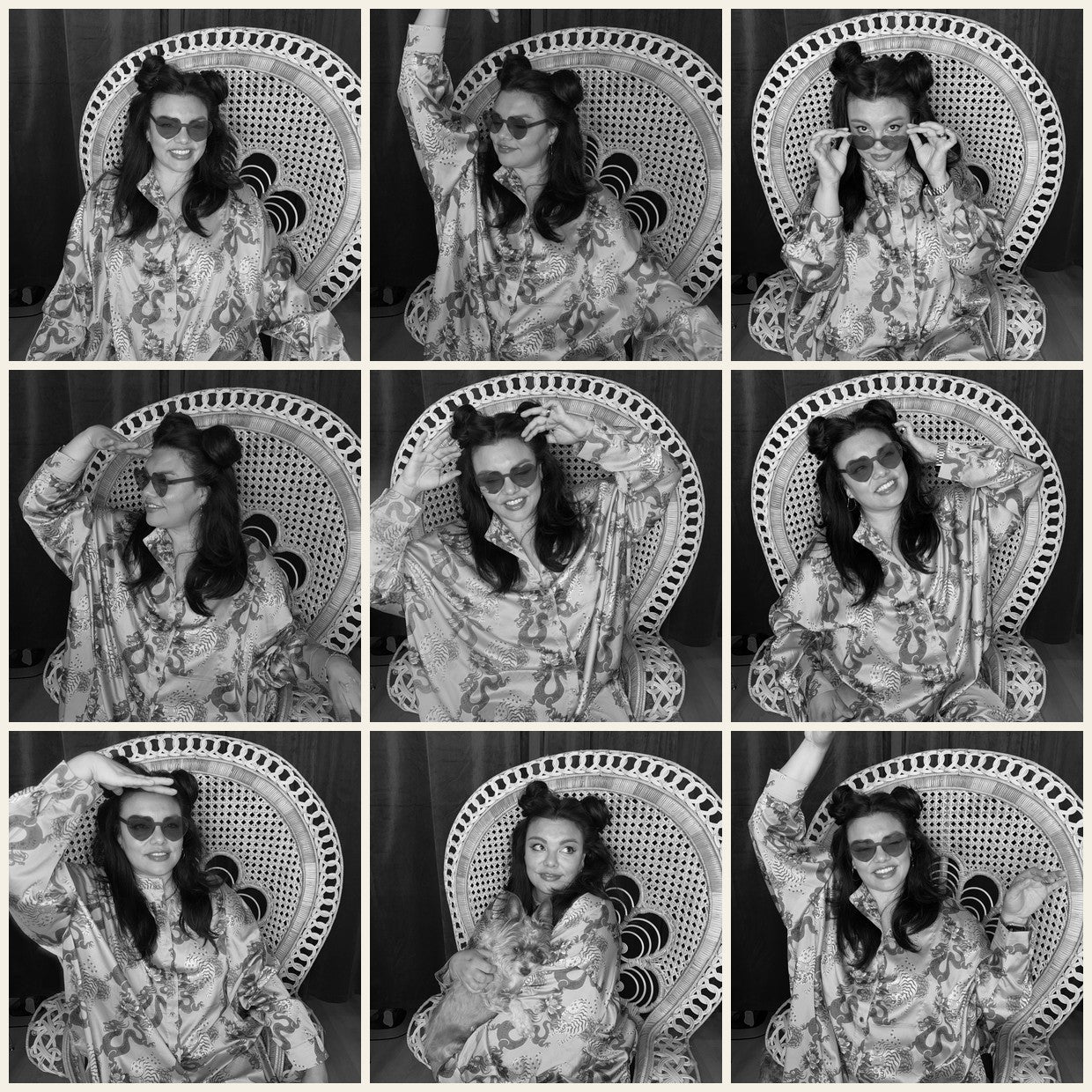Black and white contact sheet of Carla Corazón, nine editorial portraits.