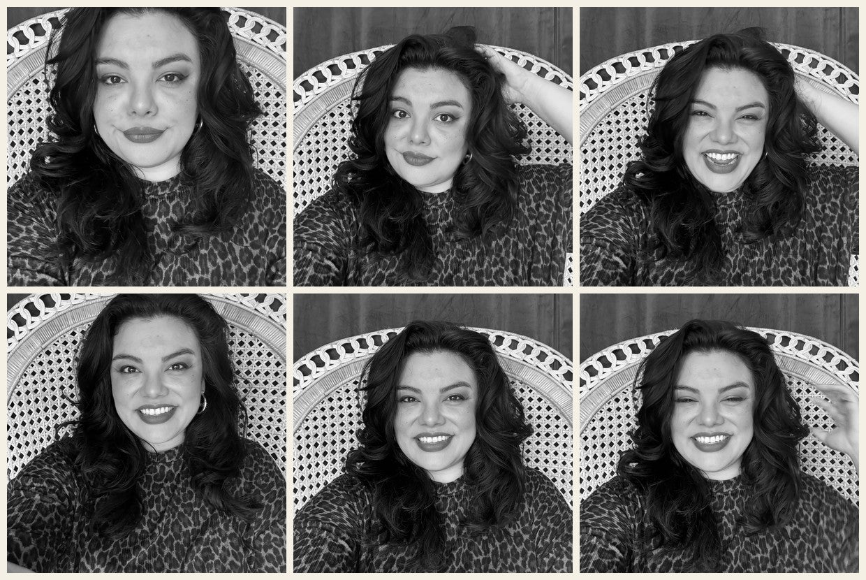Black and white contact sheet of Carla Corazón in a leopard-print outfit, six editorial portraits.